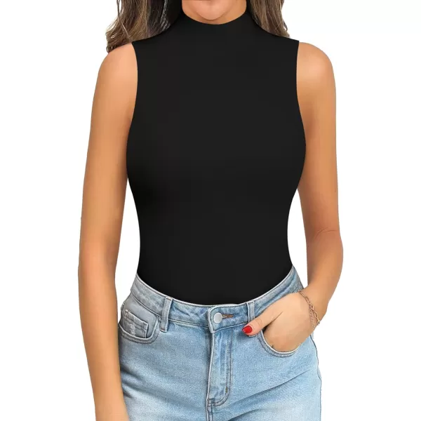 MANGOPOP Mock Turtle Neck Sleeveless Tank Top Long Sleeve Double Lined Bodysuit for WomenA Double Line Sleeveless Black