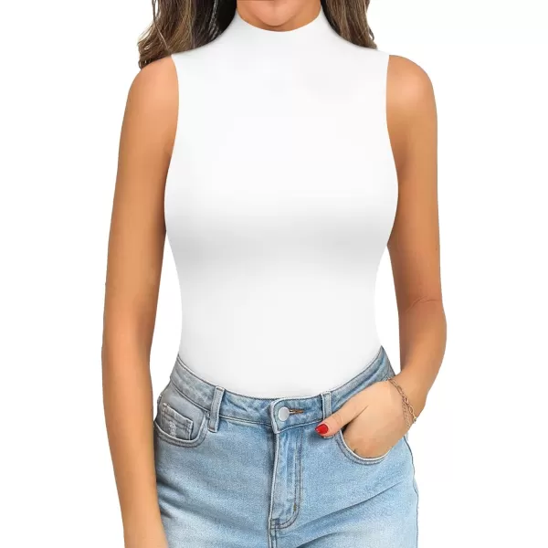 MANGOPOP Mock Turtle Neck Sleeveless Tank Top Long Sleeve Double Lined Bodysuit for WomenA Double Line Sleeveless White