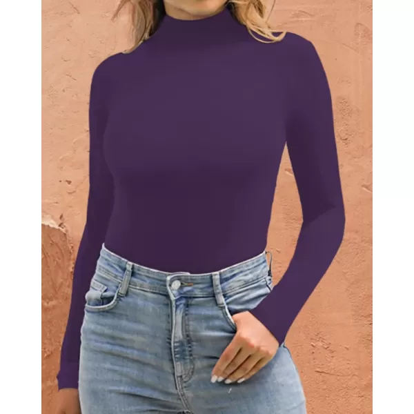 MANGOPOP Mock Turtle Neck Sleeveless Tank Top Long Sleeve Double Lined Bodysuit for WomenDouble Line Long Sleeve Purple