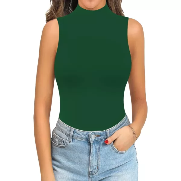 MANGOPOP Mock Turtle Neck Sleeveless Tank Top Long Sleeve Double Lined Bodysuit for WomenDouble Line Sleeveless Deep Green