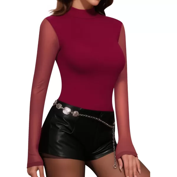 MANGOPOP Mock Turtleneck Bodysuit Mesh Sheer Long Sleeve Bodysuits for Women Sexy TopsBurgundy