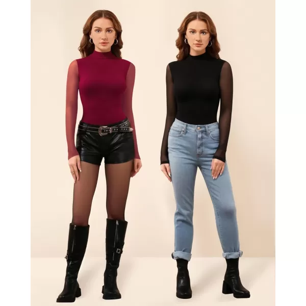 MANGOPOP Mock Turtleneck Bodysuit Mesh Sheer Long Sleeve Bodysuits for Women Sexy TopsBurgundy