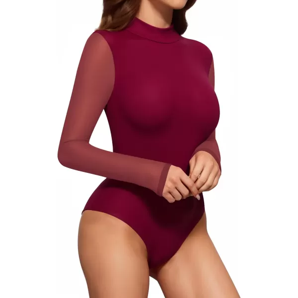 MANGOPOP Mock Turtleneck Bodysuit Mesh Sheer Long Sleeve Bodysuits for Women Sexy TopsBurgundy