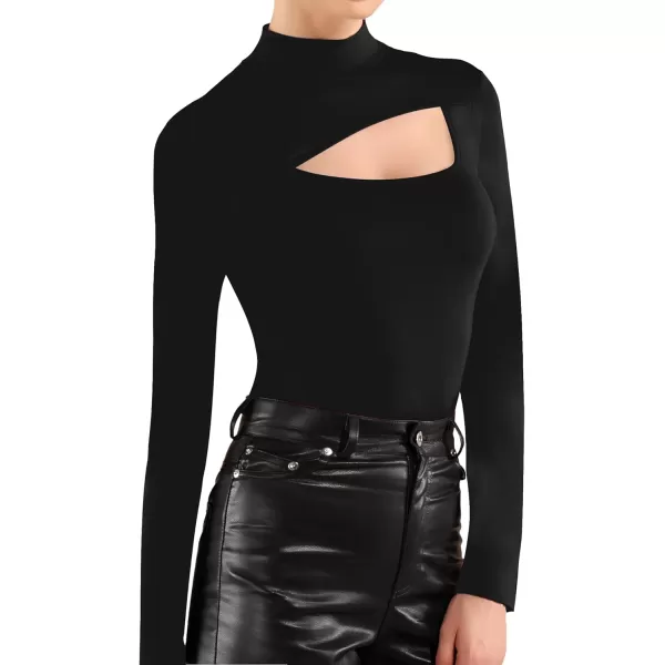 MANGOPOP Mock Turtleneck Cutout Bodysuits for Women Long Sleeve Tops SexyA Black