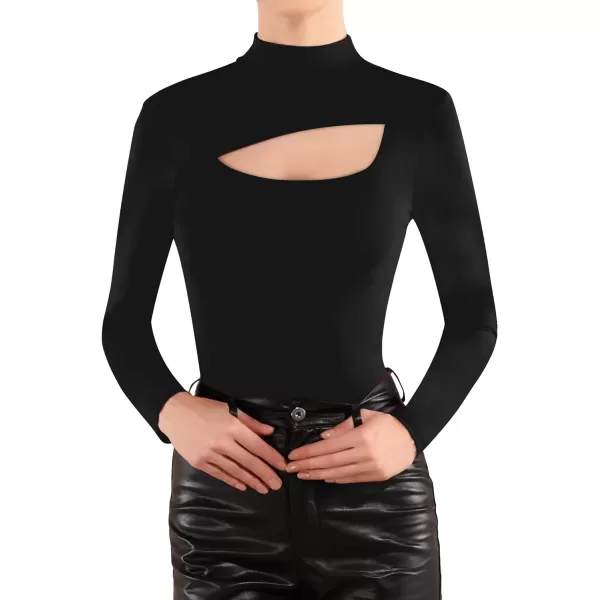 MANGOPOP Mock Turtleneck Cutout Bodysuits for Women Long Sleeve Tops SexyA Black