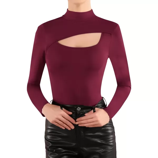 MANGOPOP Mock Turtleneck Cutout Bodysuits for Women Long Sleeve Tops SexyBurgundy