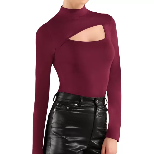 MANGOPOP Mock Turtleneck Cutout Bodysuits for Women Long Sleeve Tops SexyBurgundy