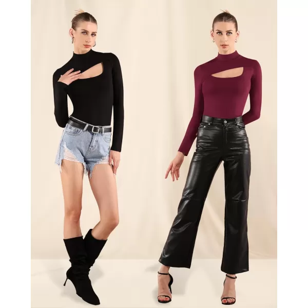 MANGOPOP Mock Turtleneck Cutout Bodysuits for Women Long Sleeve Tops SexyBurgundy