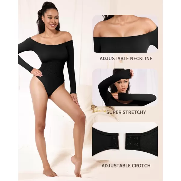 MANGOPOP Off Shoulder Long Sleeve Bodysuit Shapewear Tummy Control Body suit Ribbed Seamless TopsBlack