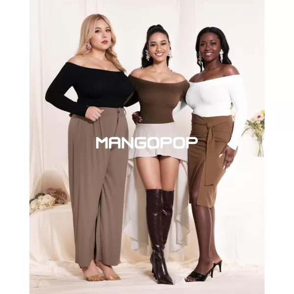 MANGOPOP Off Shoulder Long Sleeve Bodysuit Shapewear Tummy Control Body suit Ribbed Seamless TopsBlack