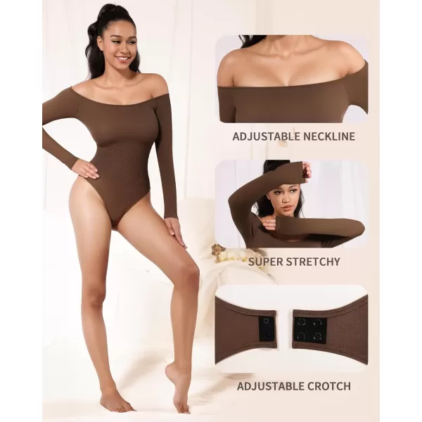 MANGOPOP Off Shoulder Long Sleeve Bodysuit Shapewear Tummy Control Body suit Ribbed Seamless TopsCoffee