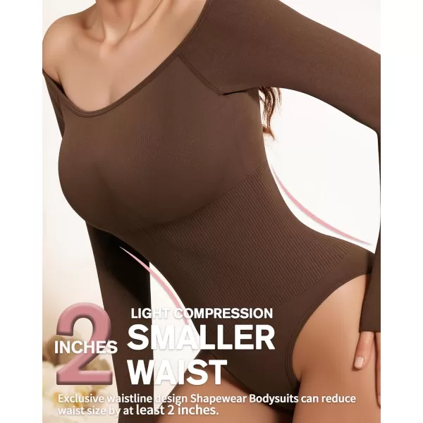 MANGOPOP Off Shoulder Long Sleeve Bodysuit Shapewear Tummy Control Body suit Ribbed Seamless TopsCoffee