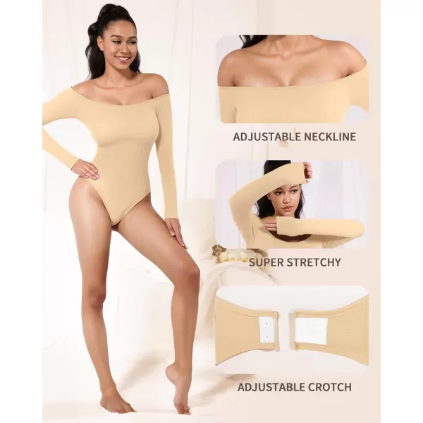 MANGOPOP Off Shoulder Long Sleeve Bodysuit Shapewear Tummy Control Body suit Ribbed Seamless TopsNude