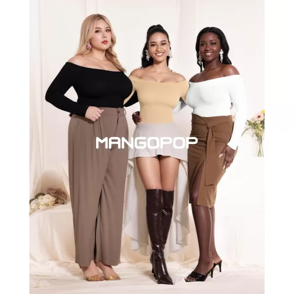 MANGOPOP Off Shoulder Long Sleeve Bodysuit Shapewear Tummy Control Body suit Ribbed Seamless TopsNude