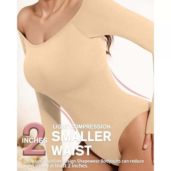 MANGOPOP Off Shoulder Long Sleeve Bodysuit Shapewear Tummy Control Body suit Ribbed Seamless TopsNude