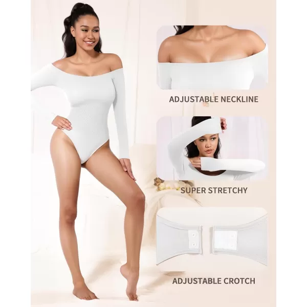 MANGOPOP Off Shoulder Long Sleeve Bodysuit Shapewear Tummy Control Body suit Ribbed Seamless TopsWhite