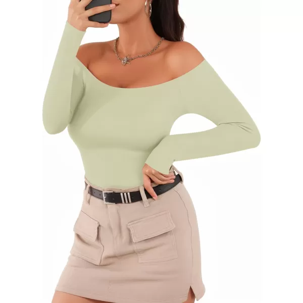 MANGOPOP Off The Shoulder Long Sleeve Short Sleeve Bodysuit for WomenLong Sleeve Fern Green