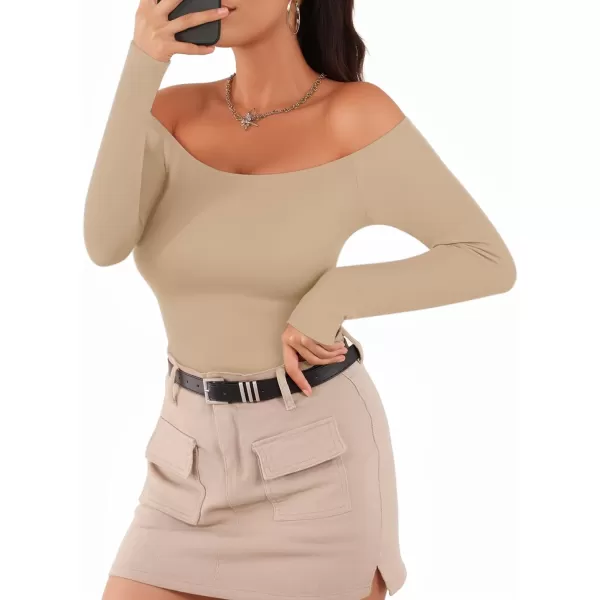 MANGOPOP Off The Shoulder Long Sleeve Short Sleeve Bodysuit for WomenLong Sleeve Light Camel