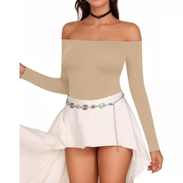 MANGOPOP Off The Shoulder Long Sleeve Short Sleeve Bodysuit for WomenLong Sleeve Light Camel