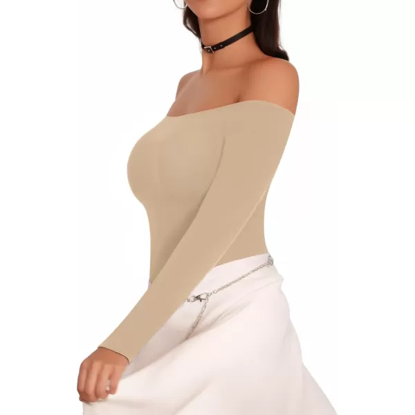 MANGOPOP Off The Shoulder Long Sleeve Short Sleeve Bodysuit for WomenLong Sleeve Light Camel