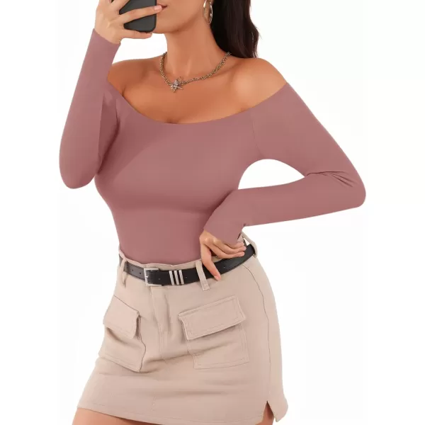 MANGOPOP Off The Shoulder Long Sleeve Short Sleeve Bodysuit for WomenLong Sleeve Marsala