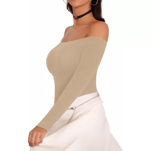 MANGOPOP Off The Shoulder Long Sleeve Short Sleeve Bodysuit for WomenLong Sleeve Mocha