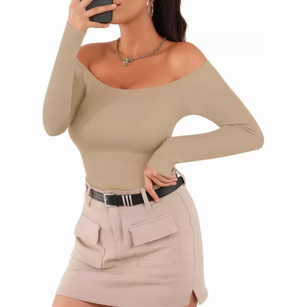 MANGOPOP Off The Shoulder Long Sleeve Short Sleeve Bodysuit for WomenLong Sleeve Mocha