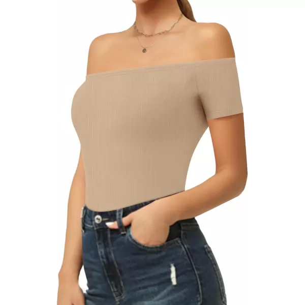 MANGOPOP Off The Shoulder Long Sleeve Short Sleeve Bodysuit for WomenShort Sleeve Light Camel