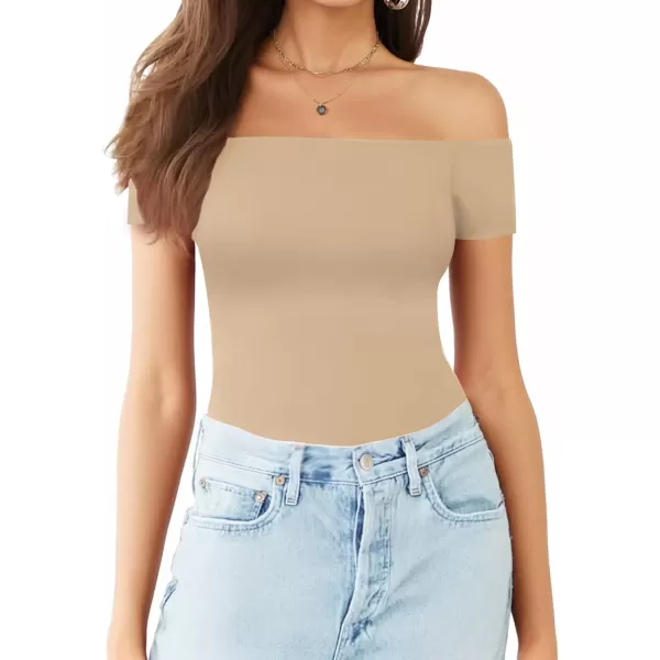 MANGOPOP Off The Shoulder Long Sleeve Short Sleeve Bodysuit for WomenShort Sleeve Light Camel