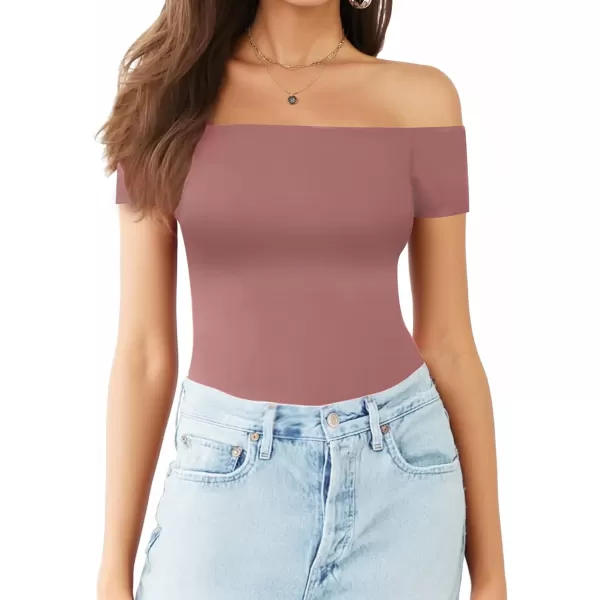 MANGOPOP Off The Shoulder Long Sleeve Short Sleeve Bodysuit for WomenShort Sleeve Marsala