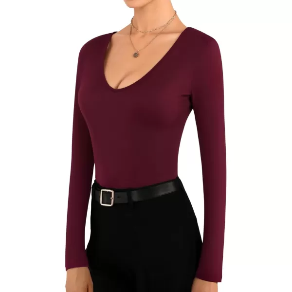 MANGOPOP Plunge V Neck Long Sleeve Body suits for Womens Sexy Bodysuit Going Out TopsLong Sleeve Burgundy