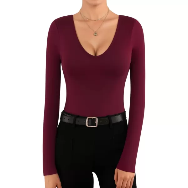 MANGOPOP Plunge V Neck Long Sleeve Body suits for Womens Sexy Bodysuit Going Out TopsLong Sleeve Burgundy