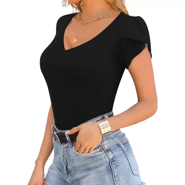 MANGOPOP Sexy V Neck Petal Sleeve Bodysuit for Womens Tops for Going Out A Short Sleeve Black MediumMANGOPOP Sexy V Neck Petal Sleeve Bodysuit for Womens Tops for Going Out A Short Sleeve Black Medium