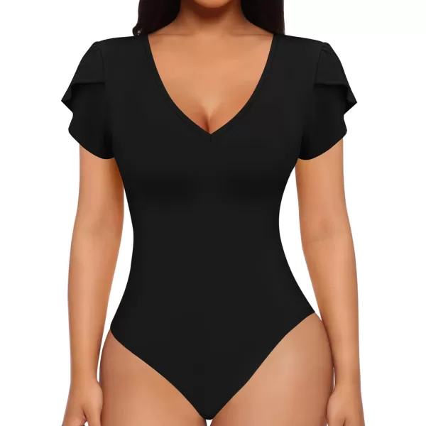 MANGOPOP Sexy V Neck Petal Sleeve Bodysuit for Womens Tops for Going Out A Short Sleeve Black MediumMANGOPOP Sexy V Neck Petal Sleeve Bodysuit for Womens Tops for Going Out A Short Sleeve Black Medium