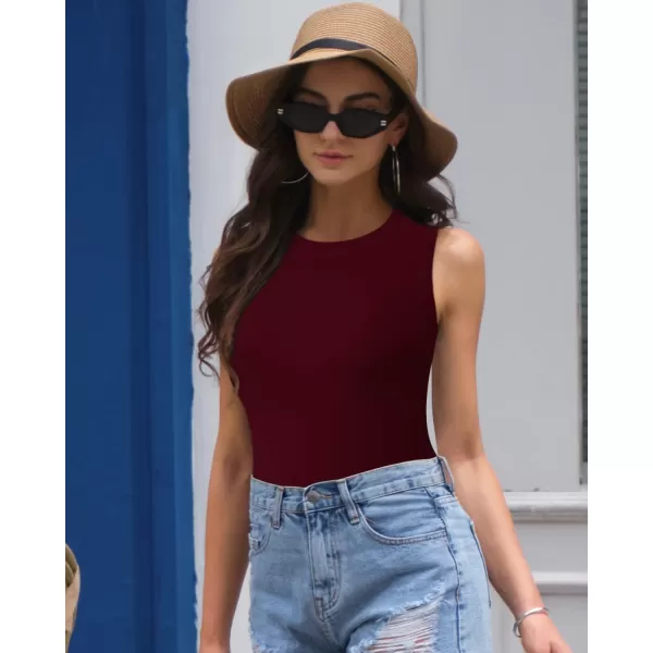 MANGOPOP Sleeveless Crew Neck Tank Tops Bodysuit for Women for Going OutCrew Neck Burgundy