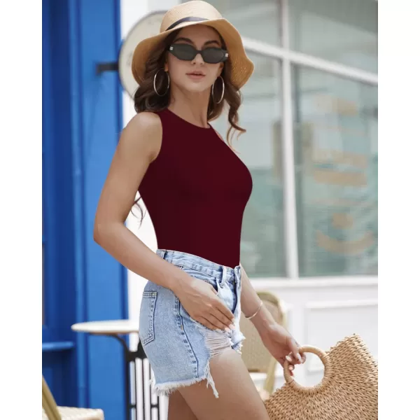 MANGOPOP Sleeveless Crew Neck Tank Tops Bodysuit for Women for Going OutCrew Neck Burgundy