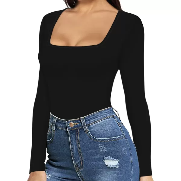 MANGOPOP Square Neck Bodysuit Long Sleeve for Women Short Sleeve Body Suit Going Out Tops ShirtsA Long Sleeve Black