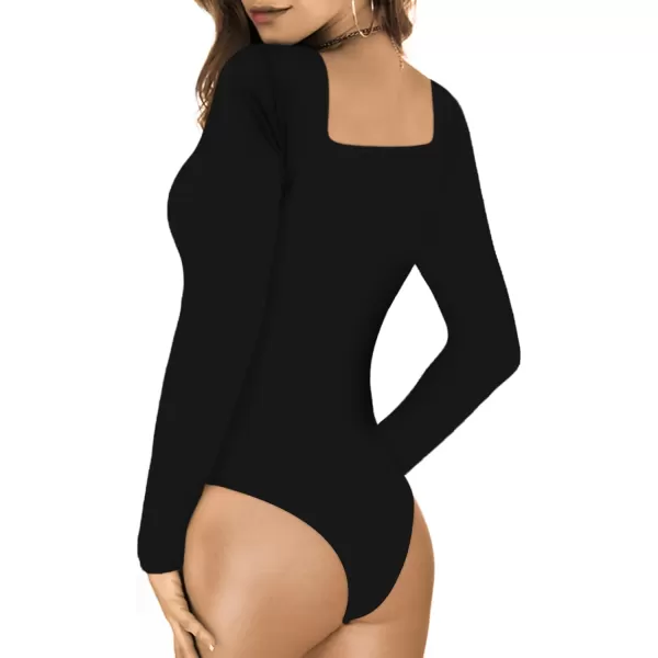 MANGOPOP Square Neck Bodysuit Long Sleeve for Women Short Sleeve Body Suit Going Out Tops ShirtsA Long Sleeve Black