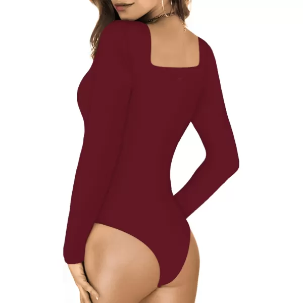 MANGOPOP Square Neck Bodysuit Long Sleeve for Women Short Sleeve Body Suit Going Out Tops ShirtsLong Sleeve Burgundy