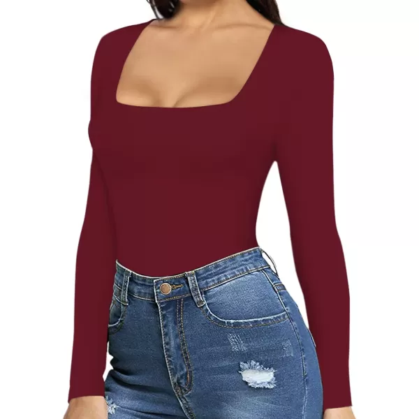 MANGOPOP Square Neck Bodysuit Long Sleeve for Women Short Sleeve Body Suit Going Out Tops ShirtsLong Sleeve Burgundy