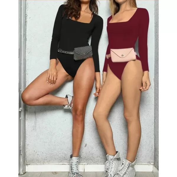 MANGOPOP Square Neck Bodysuit Long Sleeve for Women Short Sleeve Body Suit Going Out Tops ShirtsLong Sleeve Burgundy