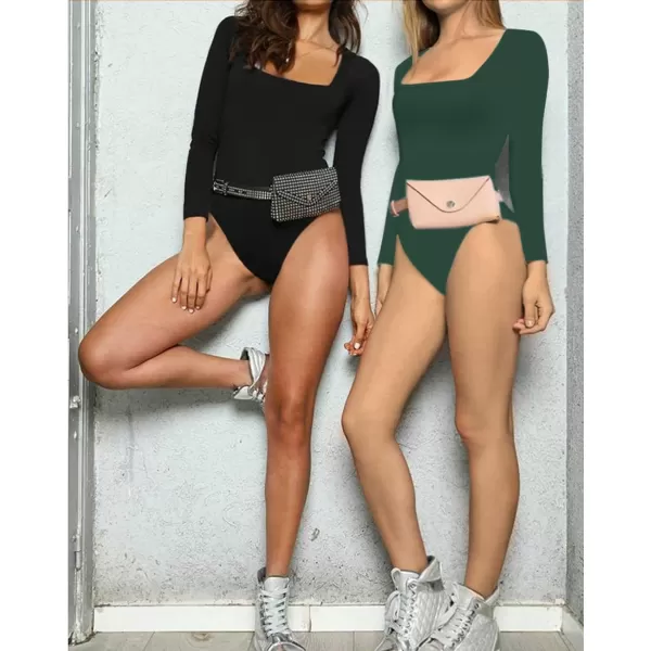 MANGOPOP Square Neck Bodysuit Long Sleeve for Women Short Sleeve Body Suit Going Out Tops ShirtsLong Sleeve Deep Green