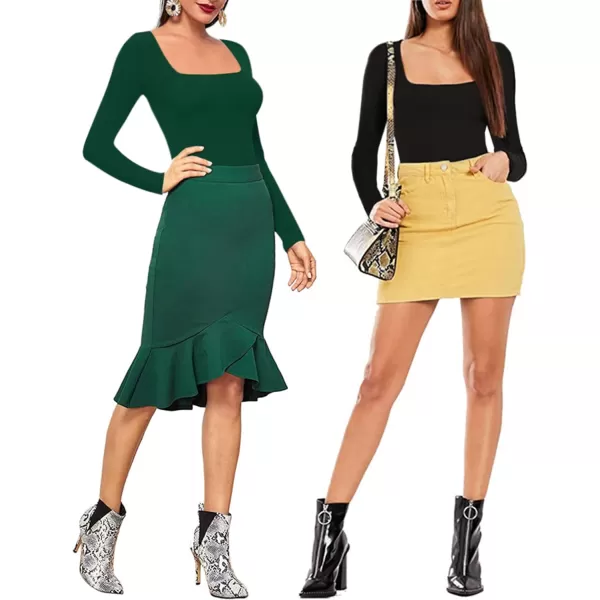 MANGOPOP Square Neck Bodysuit Long Sleeve for Women Short Sleeve Body Suit Going Out Tops ShirtsLong Sleeve Deep Green