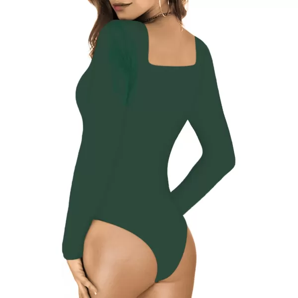 MANGOPOP Square Neck Bodysuit Long Sleeve for Women Short Sleeve Body Suit Going Out Tops ShirtsLong Sleeve Deep Green