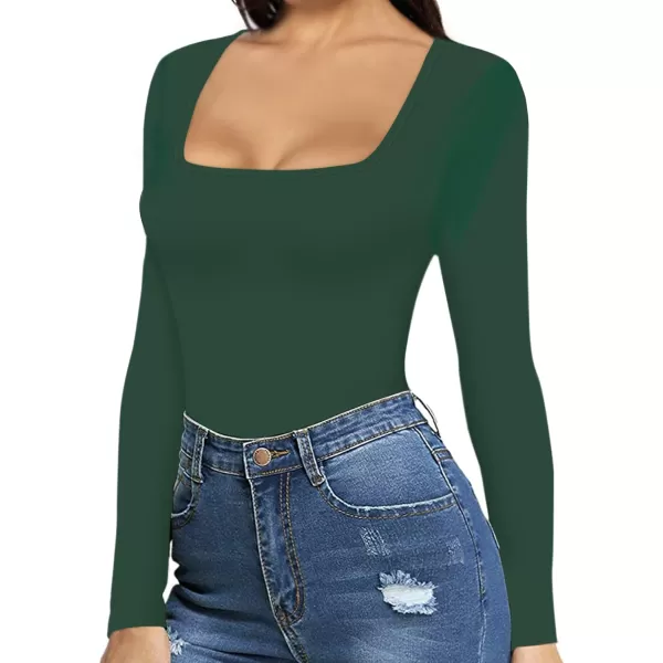 MANGOPOP Square Neck Bodysuit Long Sleeve for Women Short Sleeve Body Suit Going Out Tops ShirtsLong Sleeve Deep Green