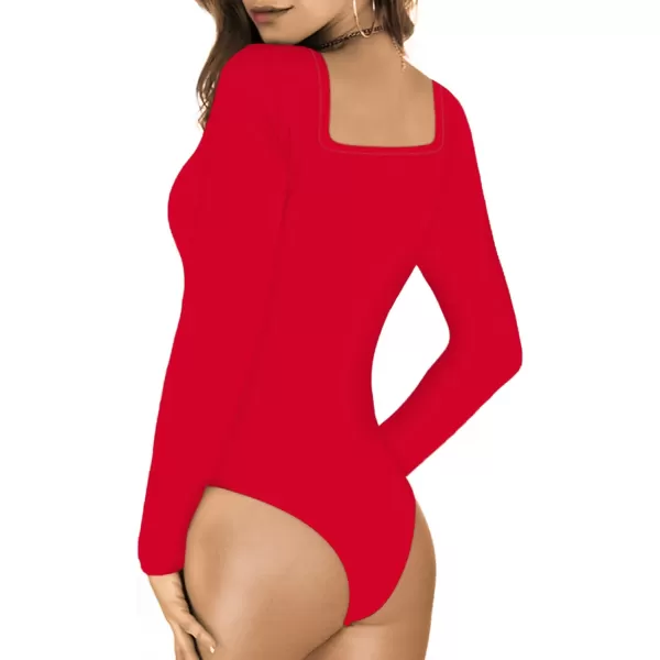 MANGOPOP Square Neck Bodysuit Long Sleeve for Women Short Sleeve Body Suit Going Out Tops ShirtsLong Sleeve Red