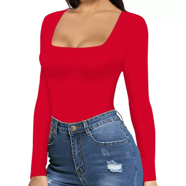 MANGOPOP Square Neck Bodysuit Long Sleeve for Women Short Sleeve Body Suit Going Out Tops ShirtsLong Sleeve Red