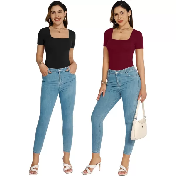 MANGOPOP Square Neck Bodysuit Long Sleeve for Women Short Sleeve Body Suit Going Out Tops ShirtsShort Sleeve Burgundy