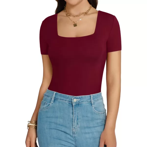 MANGOPOP Square Neck Bodysuit Long Sleeve for Women Short Sleeve Body Suit Going Out Tops ShirtsShort Sleeve Burgundy