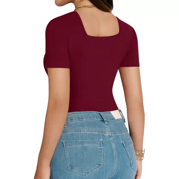 MANGOPOP Square Neck Bodysuit Long Sleeve for Women Short Sleeve Body Suit Going Out Tops ShirtsShort Sleeve Burgundy